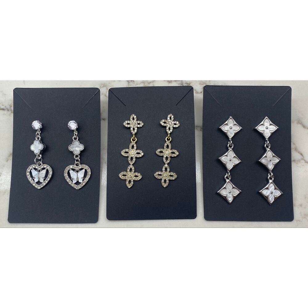 3 Pairs Clover Motif Drop Earrings Rhinestone & Mother-of-Pearl Style Bundle